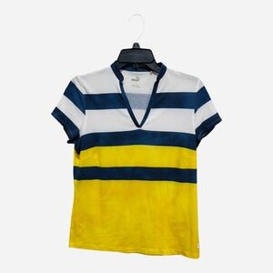 Puma Tie Dye Yellow Blue Striped VNeck TShirt Short Sleeve Size Large